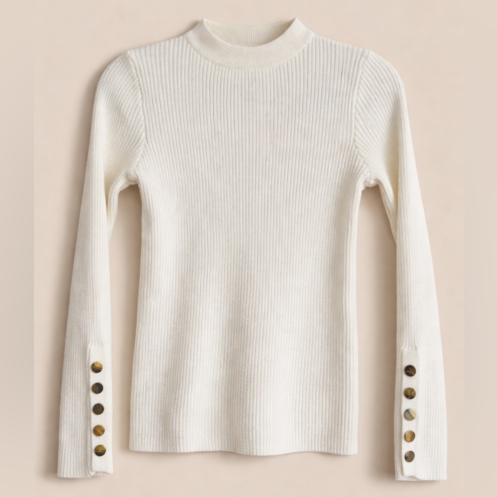 White Ribbed Knit Sweater Top. 
Mock Neck Button Sleeve Stretchy